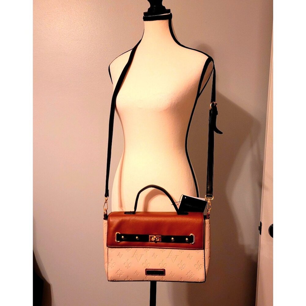 NWT Adrienne Vittadini Taupe & Brown Top Handle Satchel Adj Straps Taupe Brown